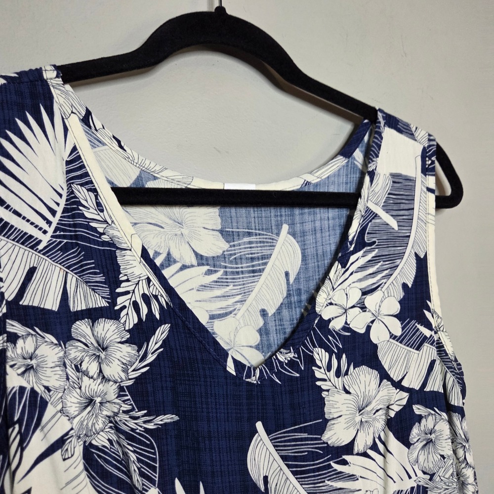Palmwave Hawaii Tropical Floral Mini Dress Small Blue White Rayon Hibiscus Boho